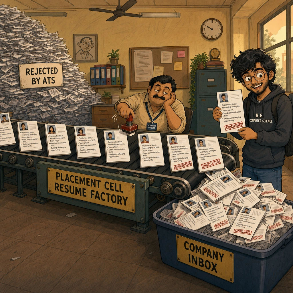 Cartoon of a placement officer stamping identical student resumes on a conveyor belt while a proud student holds his shortlisted resume, unaware it looks like hundreds of others