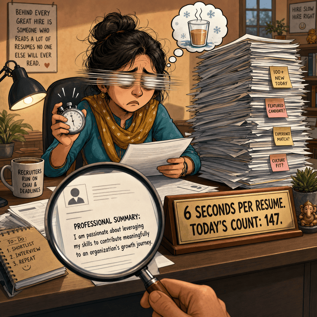 Cartoon of exhausted recruiter scanning resumes at speed with a stopwatch, desk placard reading 6 seconds per resume, 147 reviewed today