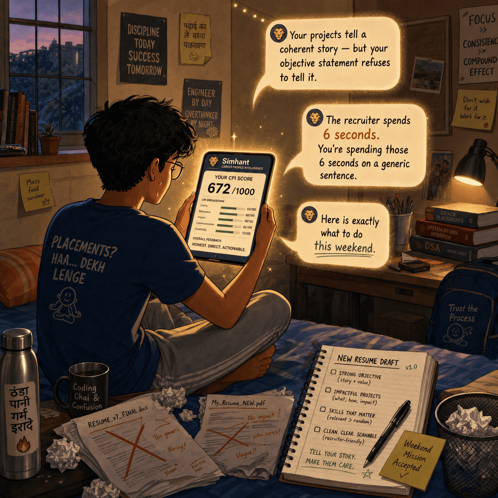 Indian student in hostel room reading their glowing Simhaant Career Profile Intelligence report on a tablet, with actionable feedback bubbles and a new resume draft taking shape