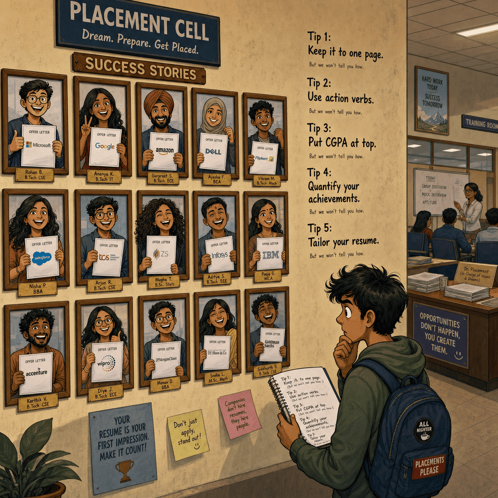 Indian student reading a placement cell wall of resume tips like Quantify your achievements and Tailor your resume, each followed in tiny text by But we won't tell you how